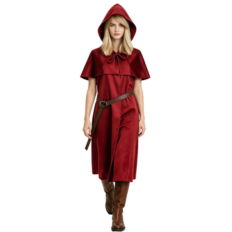 Medieval Monk Robe Hooded Cloak Costume Set with Belt - BB-Wine, M