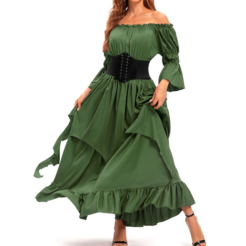 Women's Spring/Summer Renaissance Dress Green S Long Sleeve Round Neck Casual Outfit