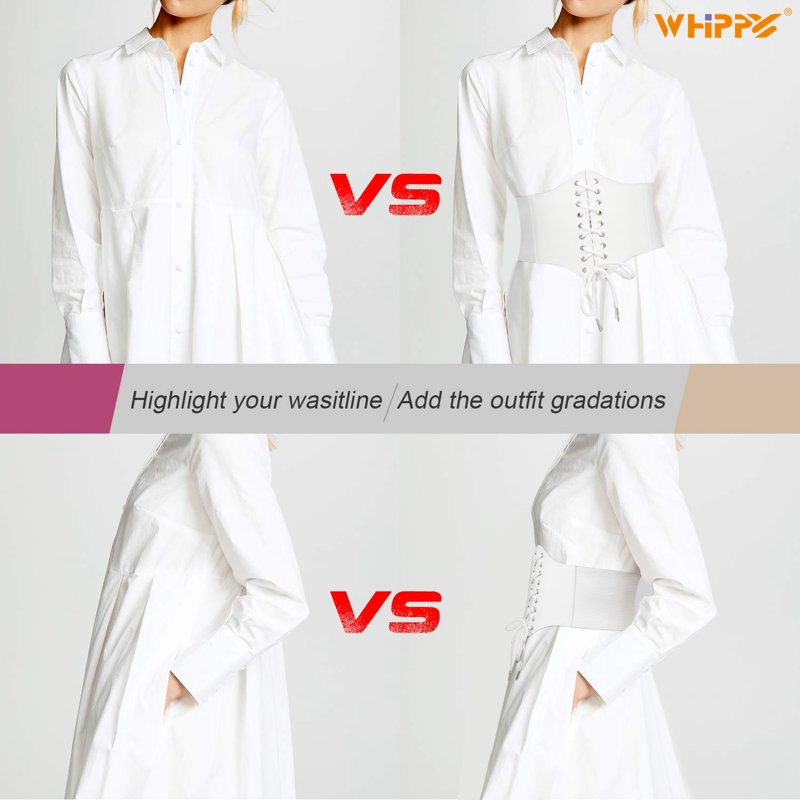 Women Lace-up Corset Waist Belt - White, Elastic Wide Belt for Dresses