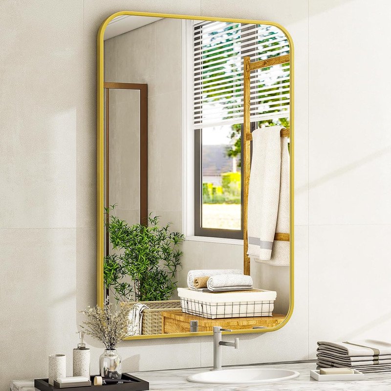 20x28 Inch Gold Bathroom Mirror - Rounded Edge Wall Mount Vanity Mirror