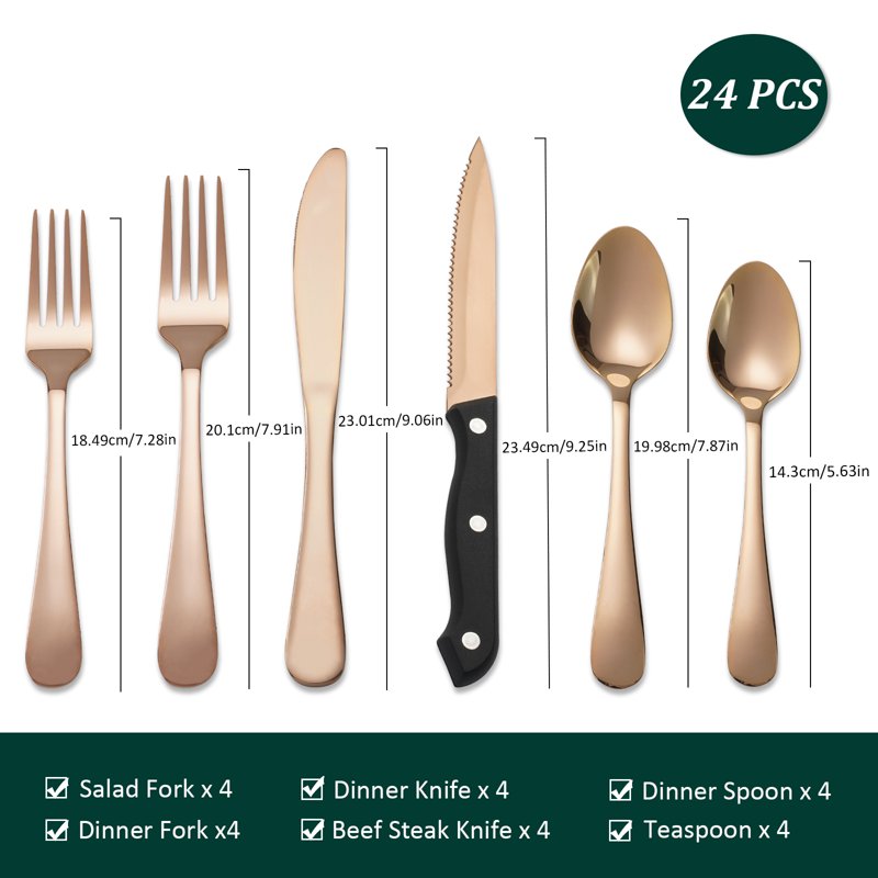 24-Piece Rose Gold Flatware Set for 4 with Steak Knives