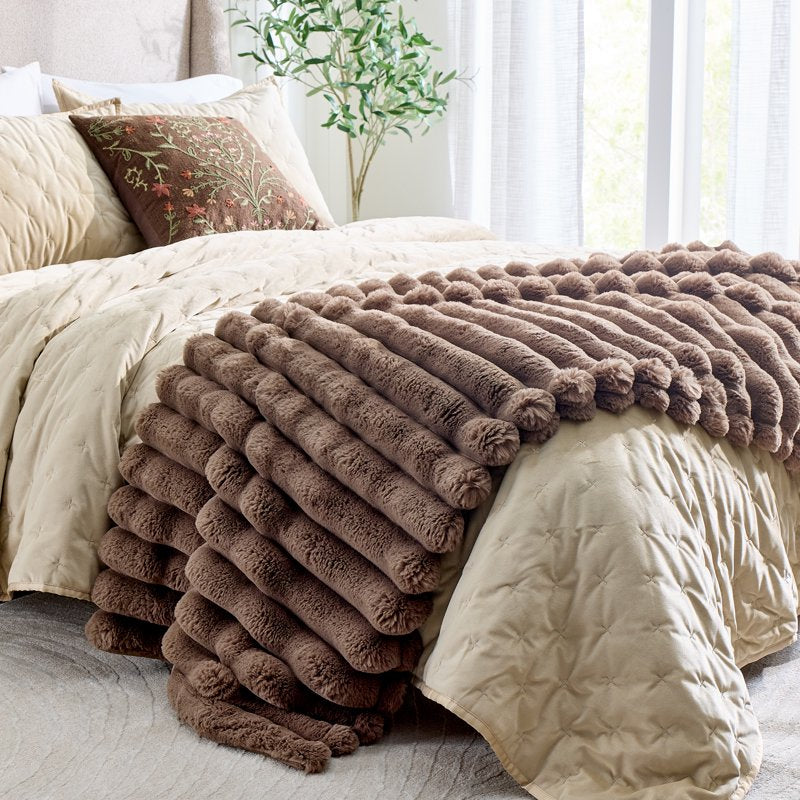 Reversible Faux Fur & Micromink Throw Blanket - Channel Pattern, 50 x 72 in - Channel Brown Basket