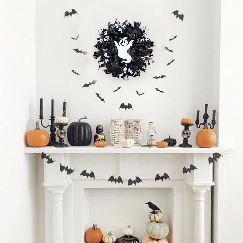 Halloween Ghost Wreath 18 Inch Front Door Decor with Black Ribbon & Ghost Print