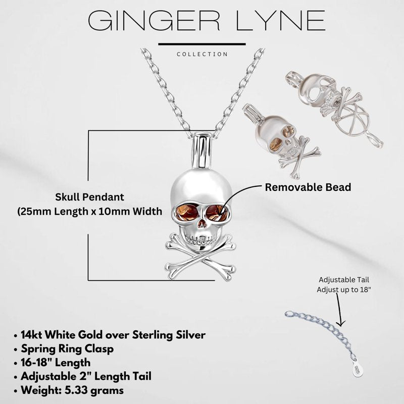 Sterling Silver Skull Necklace for Women with Amber Bead Eyes and Adjustable Chain