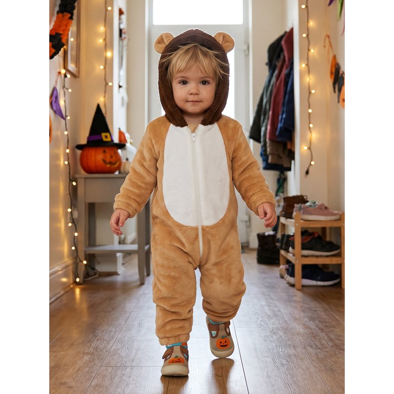 Toddler Baby Lion Costume Jumpsuit for 12-18 Months - Khaki Fleece Romper Halloween Cosplay Outfit