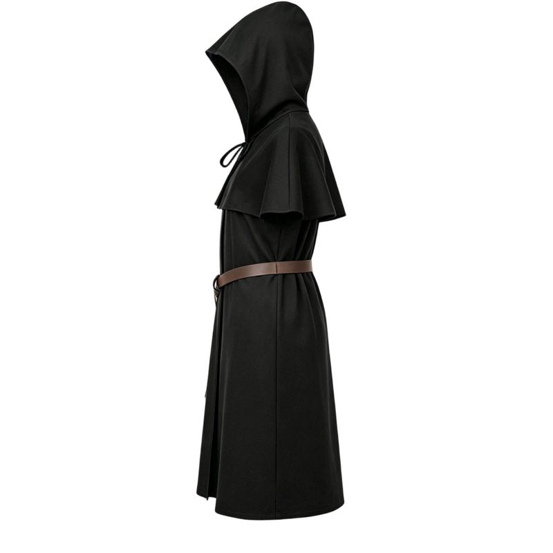Medieval Monk Robe Hooded Cloak with Belt Set XL Black Costume