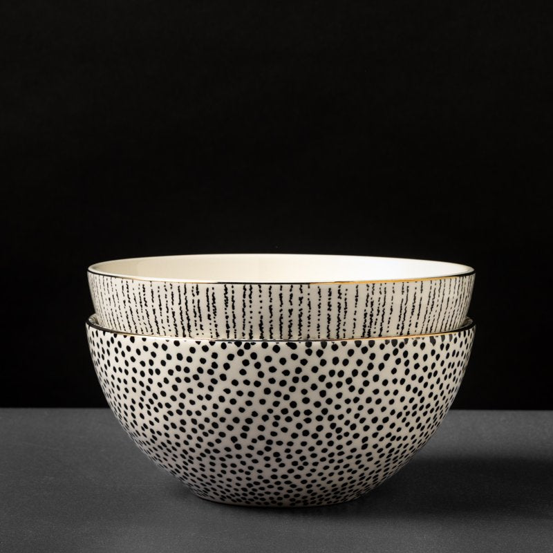 Large Stoneware Bowls Set - Assorted Dot & Stripe Designs