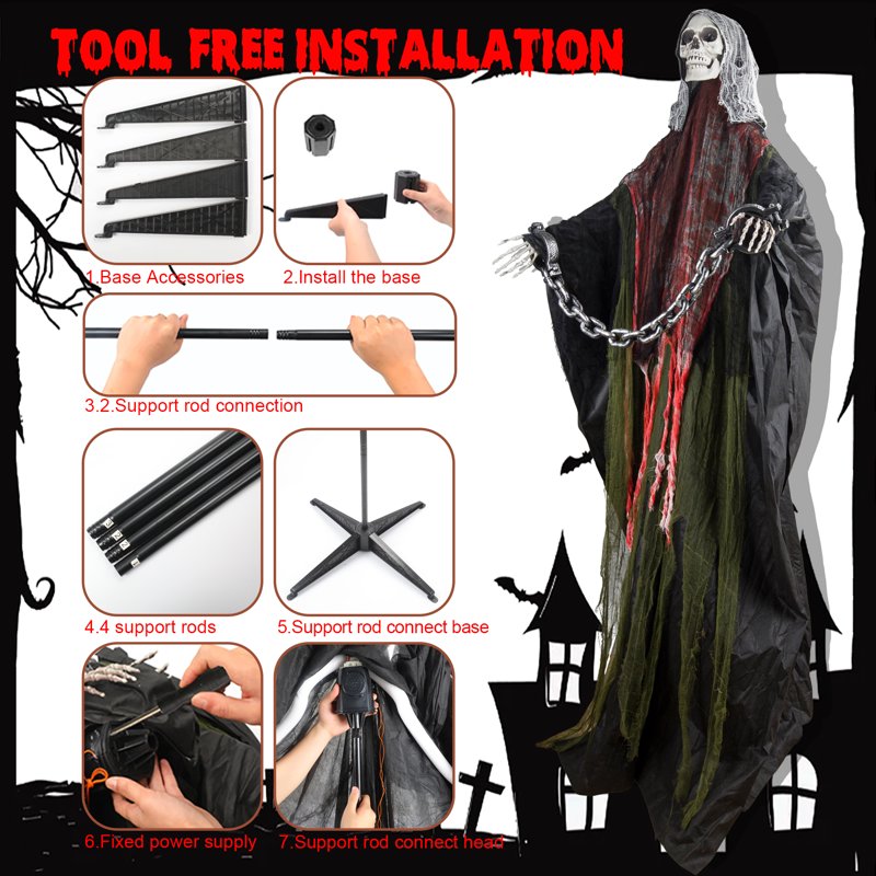 6ft Red Ghost Skeleton Halloween Decor - Outdoor Spooky Ghost, Sound-Activated & Poseable for Yard & Porch