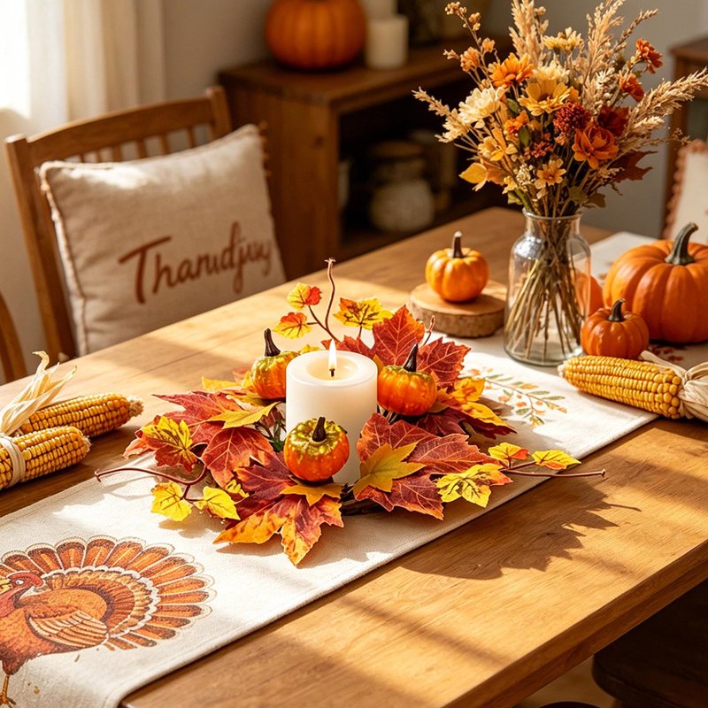 Fall Pumpkin Candle Ring with Maple Leaves - Rustic Autumn Wreath for Pillar Candles - Variation #34