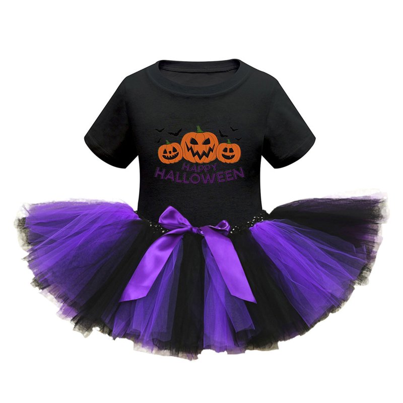 Girls Halloween Witch Costume Set with Pumpkin Tutu Dress & Bow Hair Accessory - Purple, 7-8 Years