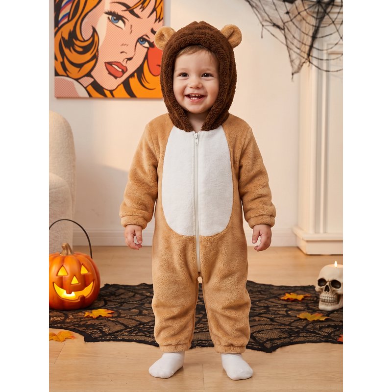 Toddler Baby Lion Costume Jumpsuit for 12-18 Months - Khaki Fleece Romper Halloween Cosplay Outfit