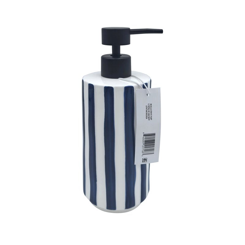 Blue & White Hand Painted Stoneware Soap Pump - Blue Stripe Dispenser with Black Pump