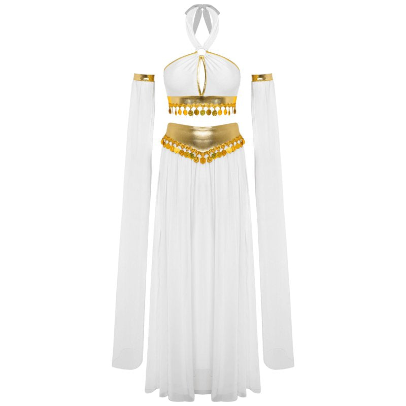 Women Belly Dance Costume Set with Chiffon Skirt and Sleeves - White M