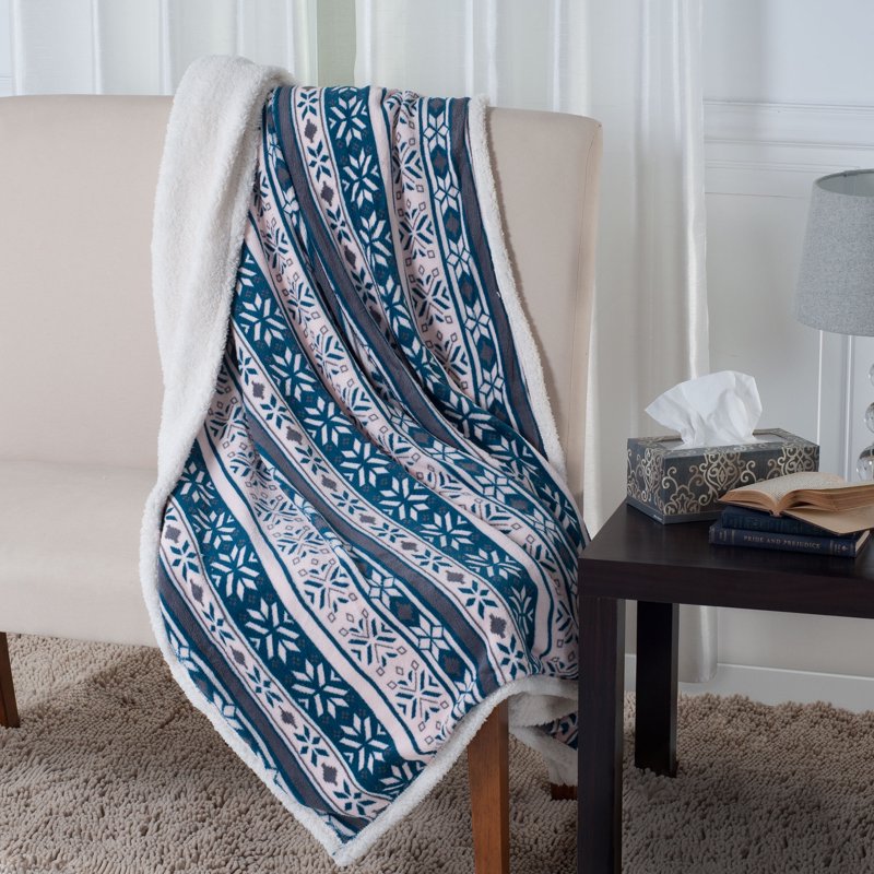 Reversible Blue Snowflake Throw Blanket with Sherpa Back - 50x60 Inches, Adult