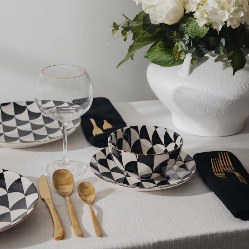 Ceramic Cereal Bowl - Black and White Geometric Pattern