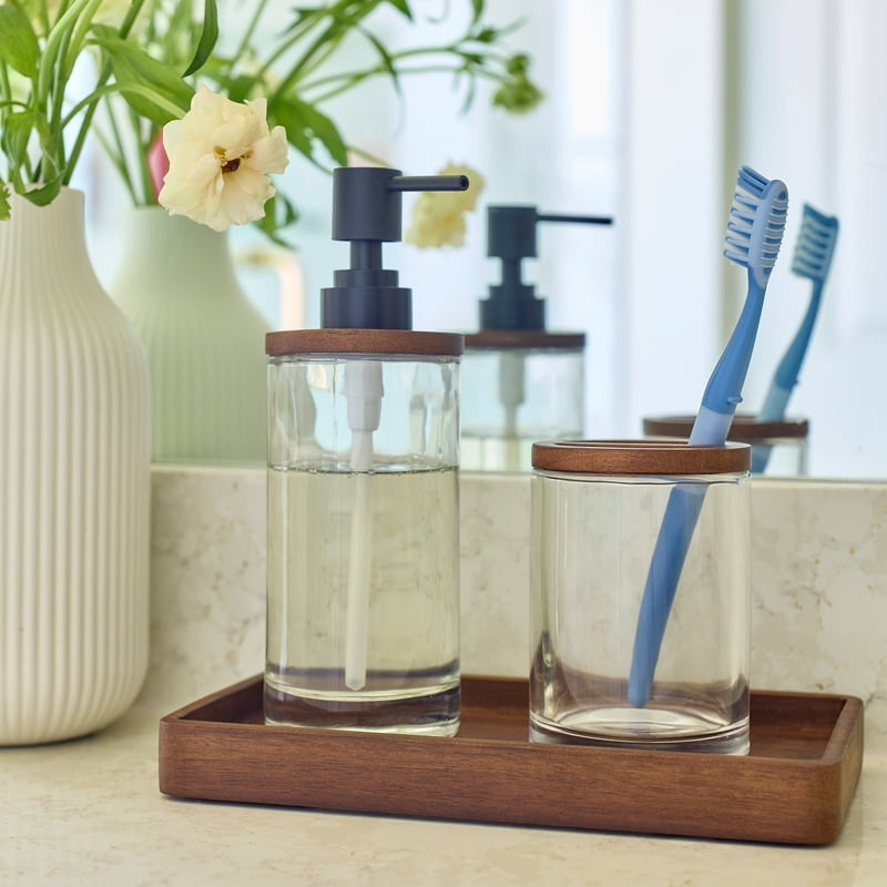 Soap Dispenser with Acacia Wood Accents - 12 Oz Glass Pump - Single