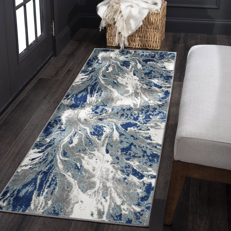 Blue & Cream Modern Runner Rug 2'3" x 7'3" for Hallway & Entryway