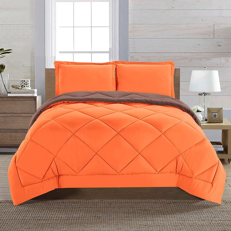 Twin Comforter Set with Shams - 3 Pieces Reversible Microfiber Bedding - Orange and Chocolate