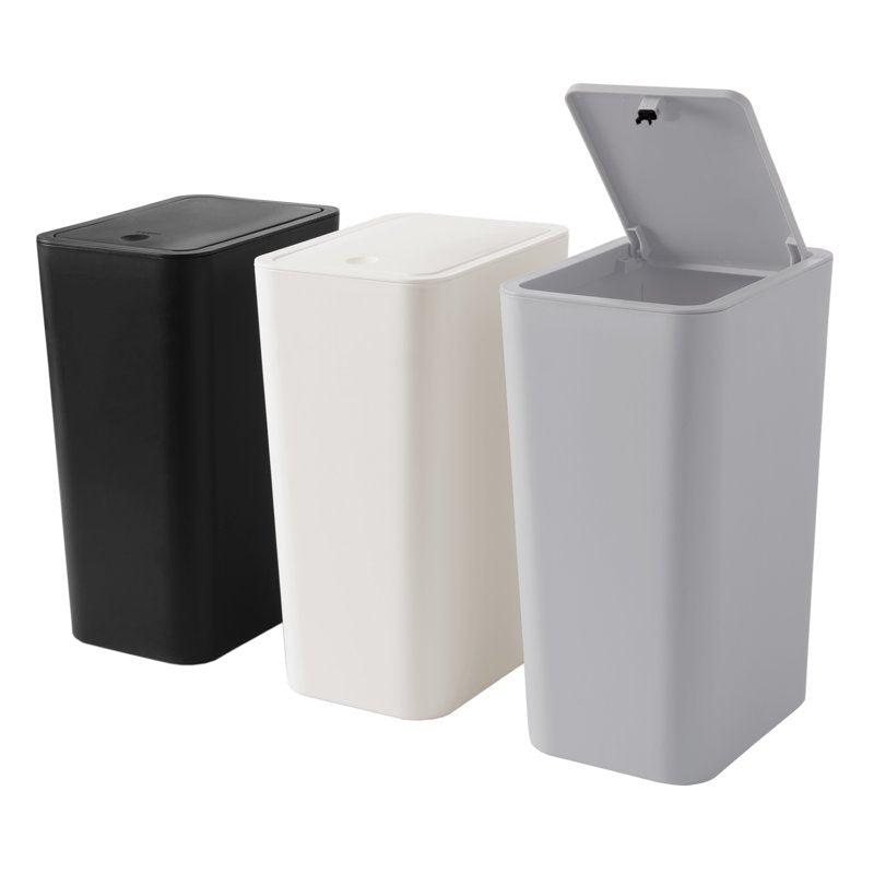 Slim Plastic Trash Can - 2.6 Gallon Waste Basket with Press Top Lid - Black, Gray, White