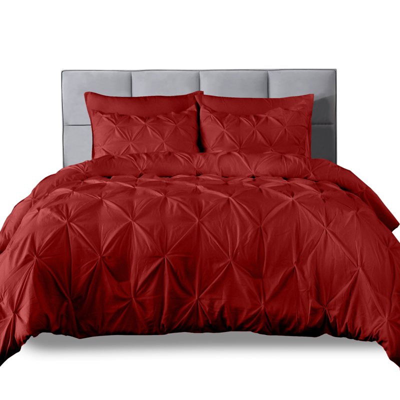 Full/Queen Burgundy Duvet Cover Set with Pintuck Design - Wrinkle-Free Microfiber