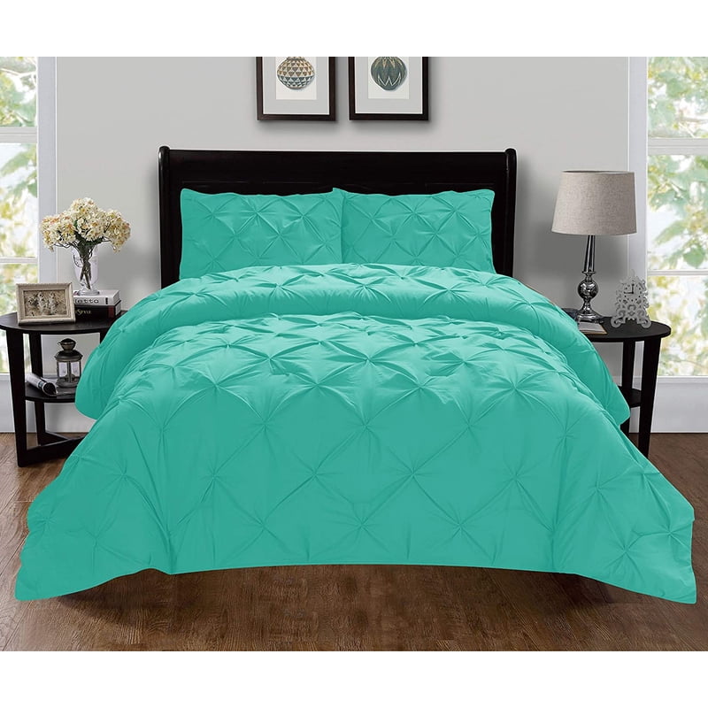 Full/Queen Turquoise Duvet Cover Set with Pintuck Design - Wrinkle-Free Microfiber