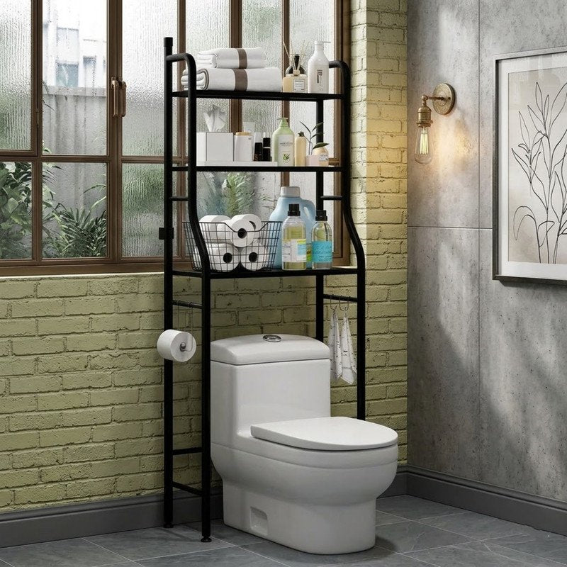 Black 3-Tier Over The Toilet Bathroom Storage Shelf with Hooks & Paper Holder