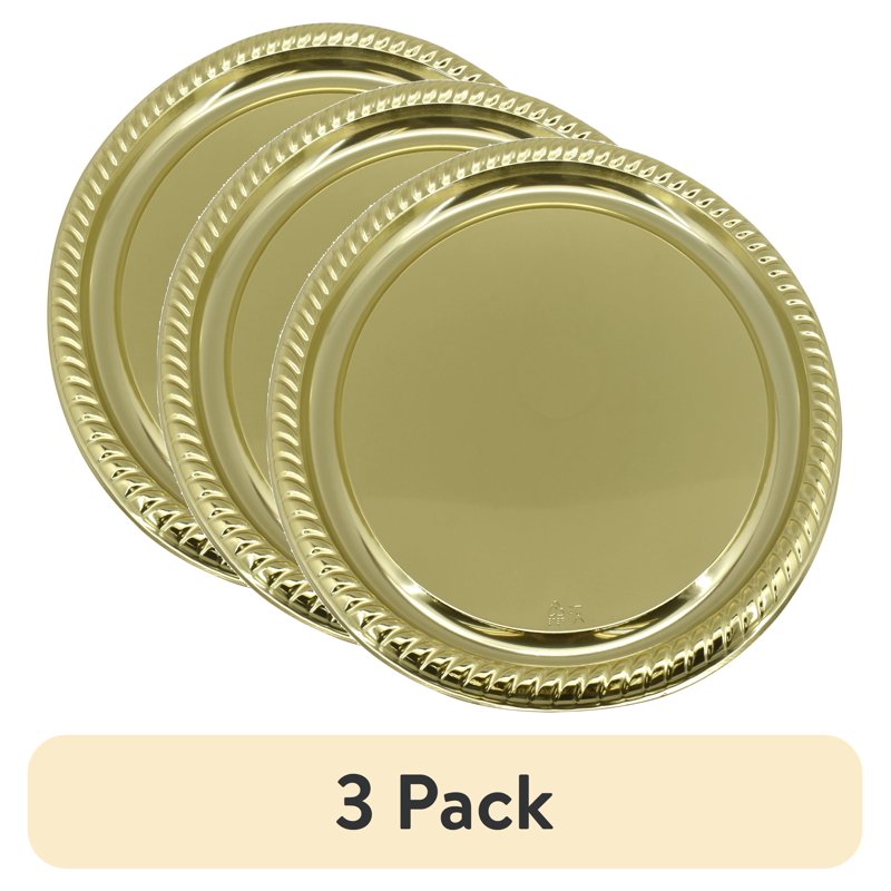 16-Inch Gold Plastic Round Serving Platter - 3 Pack