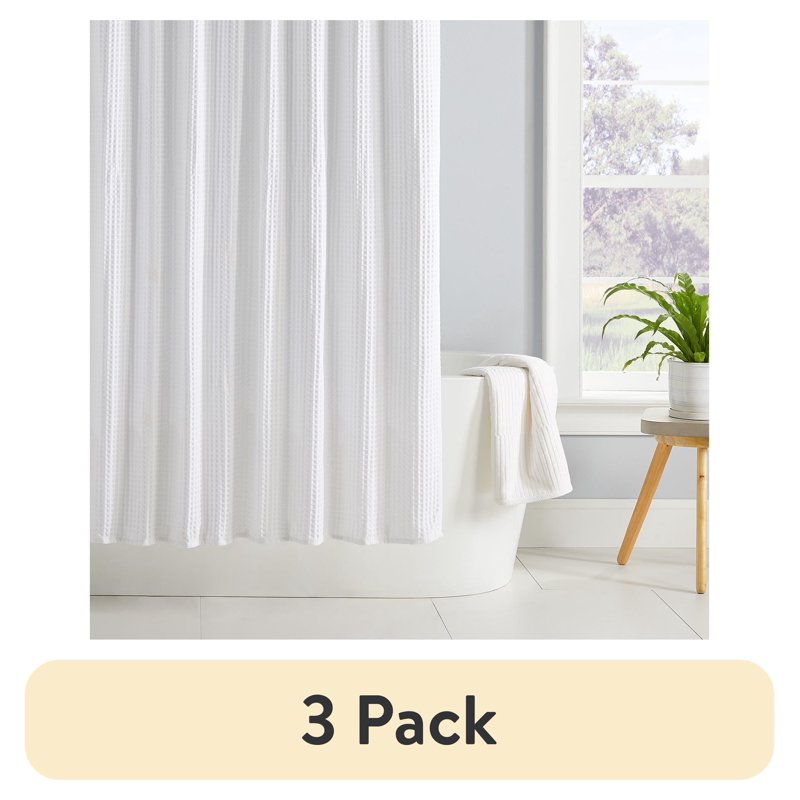 (3 Pack) White Chunky Waffle Weave Fabric Shower Curtain 72x72 Inches - Bathroom Decor