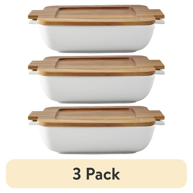 Ceramic Oven to Table Serveware Dish with Acacia Lid - 3 Pack