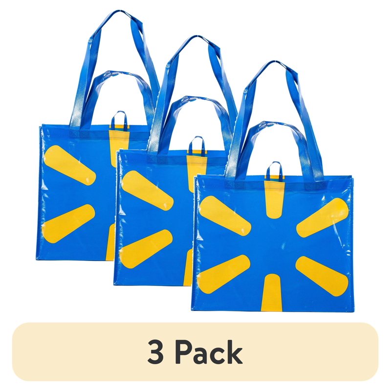 Large Reusable Grocery Tote Bag - 3 Pack, Blue with Double Handles