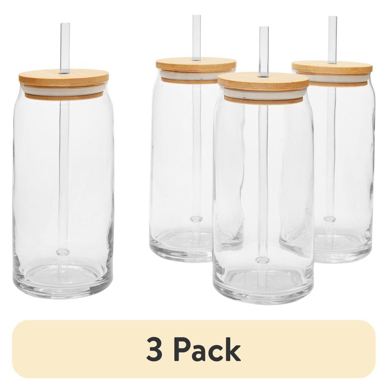 Briar Can Glass Drinkware Set - 3 Pack with Lids & Straws