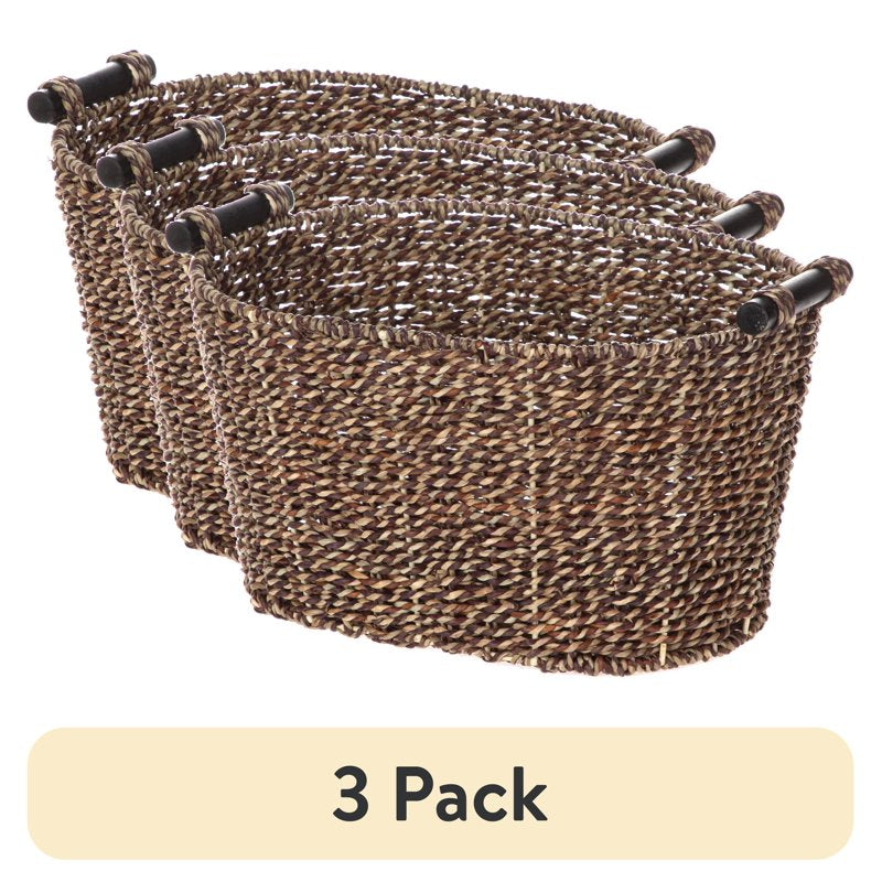 (3 Pack) Mainstays Brown Oval Seagrass Storage Baskets with Wooden Handles, 8.3x10x14.3 in