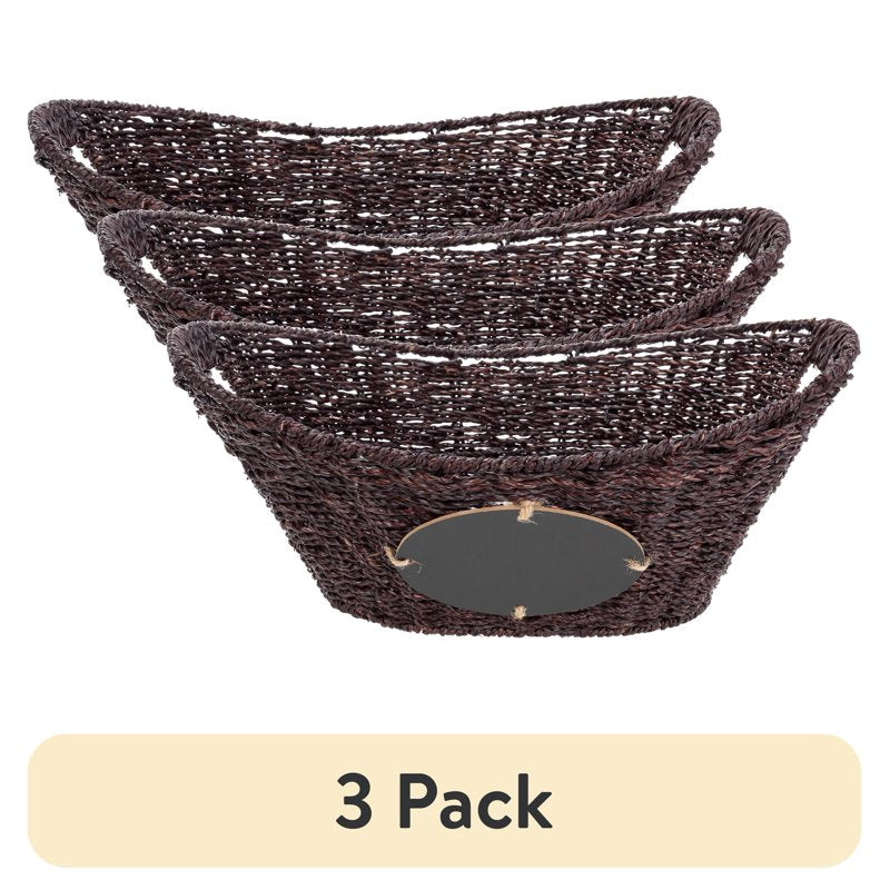 3 Pack Seagrass Storage Baskets with Chalkboard Labels & Handles - Oval 15.94x12.01x6.61 in