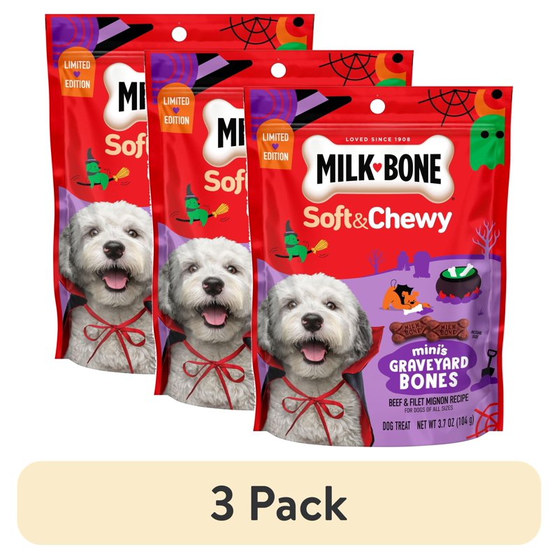 Mini Halloween Dog Treats Soft & Chewy Graveyard Bones 3 Pack - Beef & Filet Mignon, 3.7 oz
