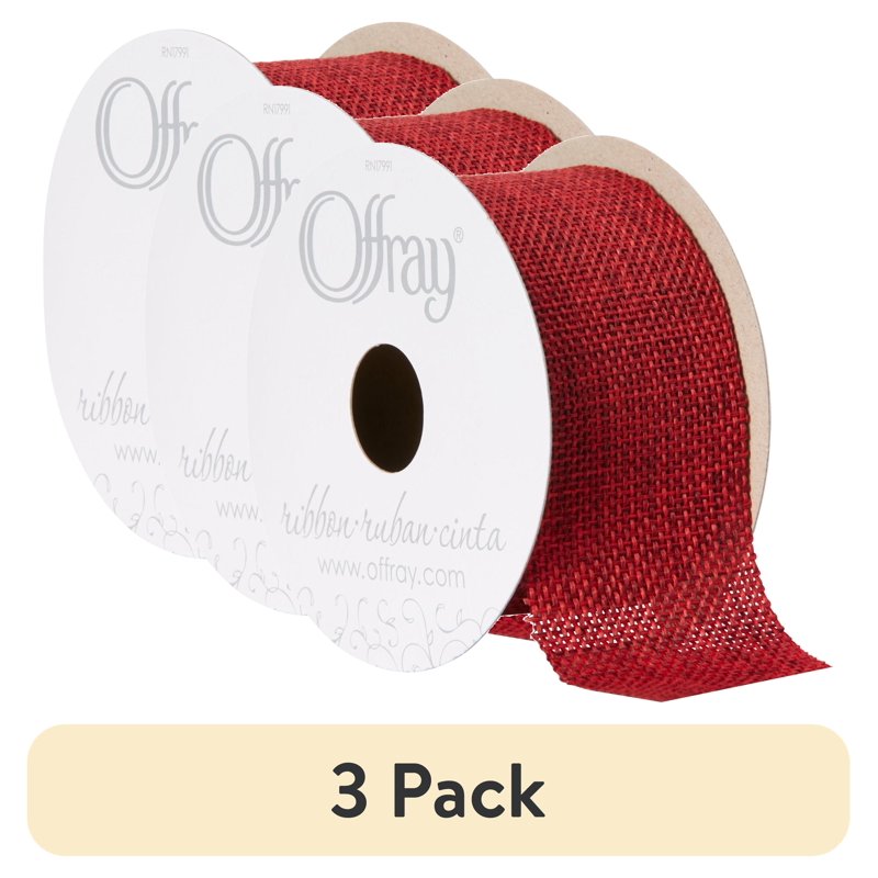 (3 Pack) Burlap Woven Ribbon - Red 1.5 Inch Wide Craft Ribbon, 27 Feet