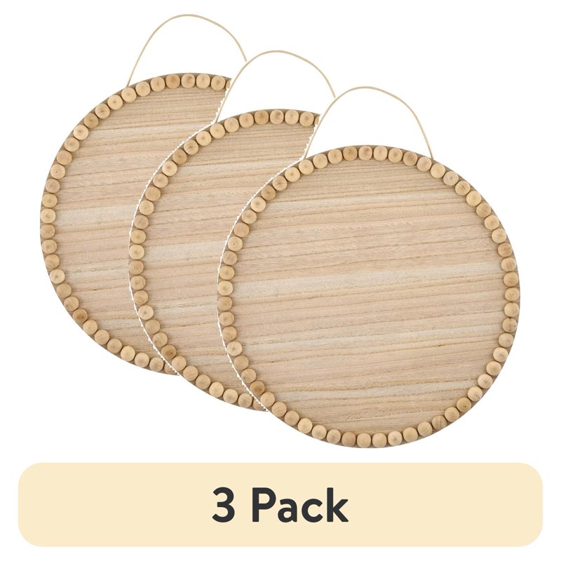 (3 Pack) 15-Inch Beaded Edge Wood Circle Plaque for DIY Home Decor - Unfinished Craft Surface with Jute Rope Hanger