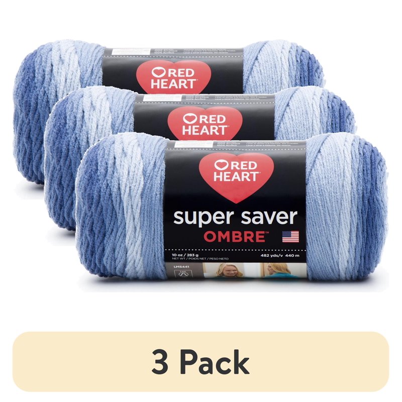 (3 Pack) Red Heart Super Saver Ombre Acrylic Yarn - Blue Gradient, 10oz/283g, 482 Yards