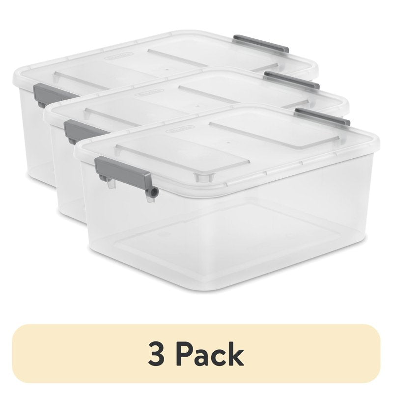 12.7 Qt Modular Latching Storage Bins - 3 Pack Clear Plastic Containers with Write-On Latches, Grey