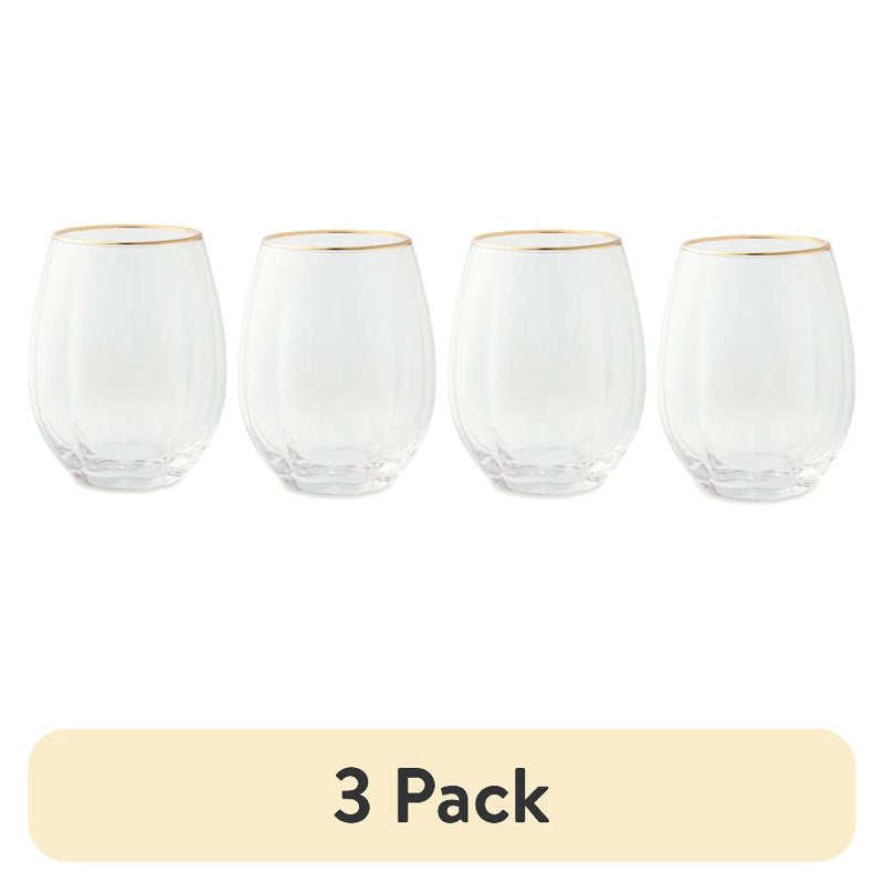 Scalloped Stemless Wine Glass Set with Gold Trim - 3 Pack