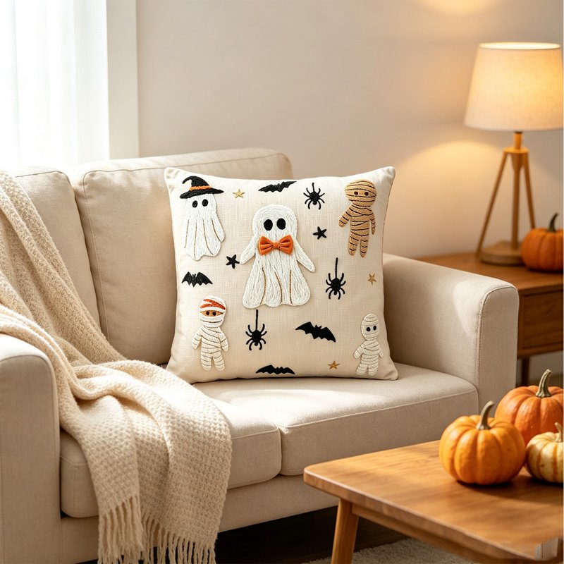 Halloween Ghost White Throw Pillow Cover 18x18 Inch Plush Faux Fur - Halloween Decor H-A