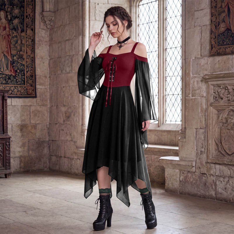 Women’s Gothic Witch Costume Dress - Renaissance Medieval Vampire Deep Red 3XL Variation