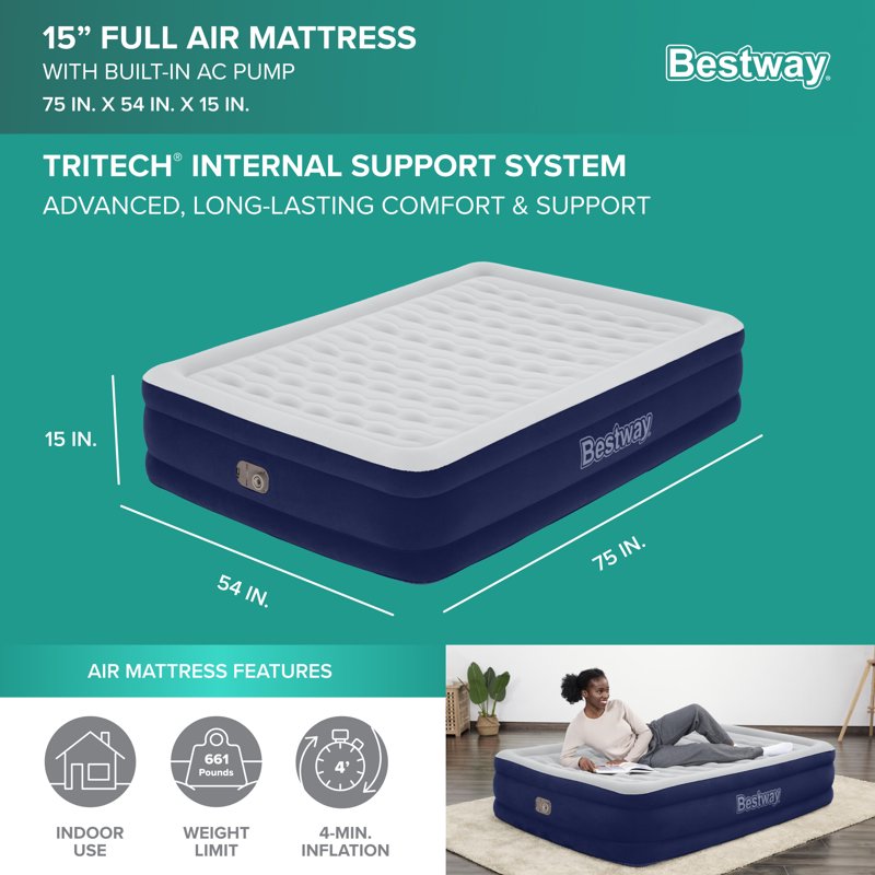 Full Size Tritech Air Mattress with Built-In AC Pump - 15 Inch