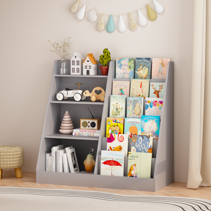 4-Tier Children's Bookshelf with Toy Storage - Gray