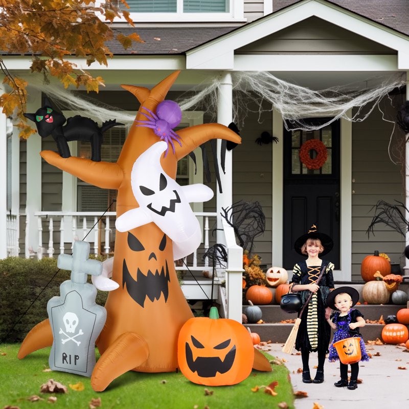 7.8' Outdoor Halloween Inflatable Decoration with 9 LED Lights, Spooky Tree & Tombstone