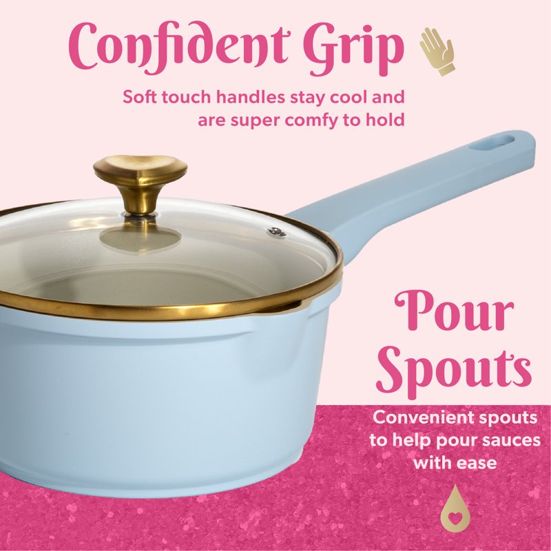 10-Piece Ceramic Nonstick Cookware Set - Blue with Heart-Shaped Knobs