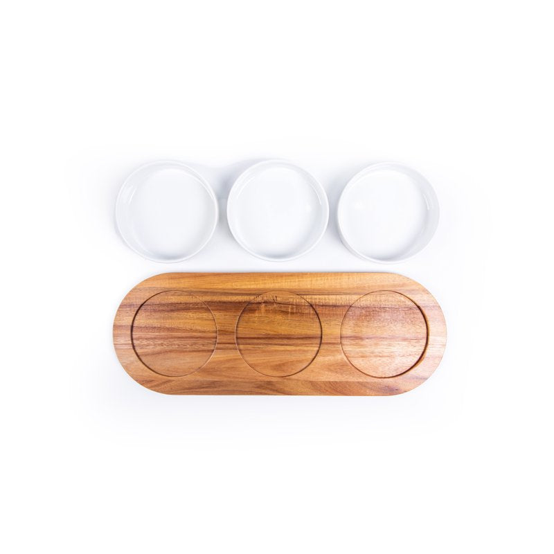 Acacia Wood Tray with Stoneware Bowls - 4 Pack for Condiments