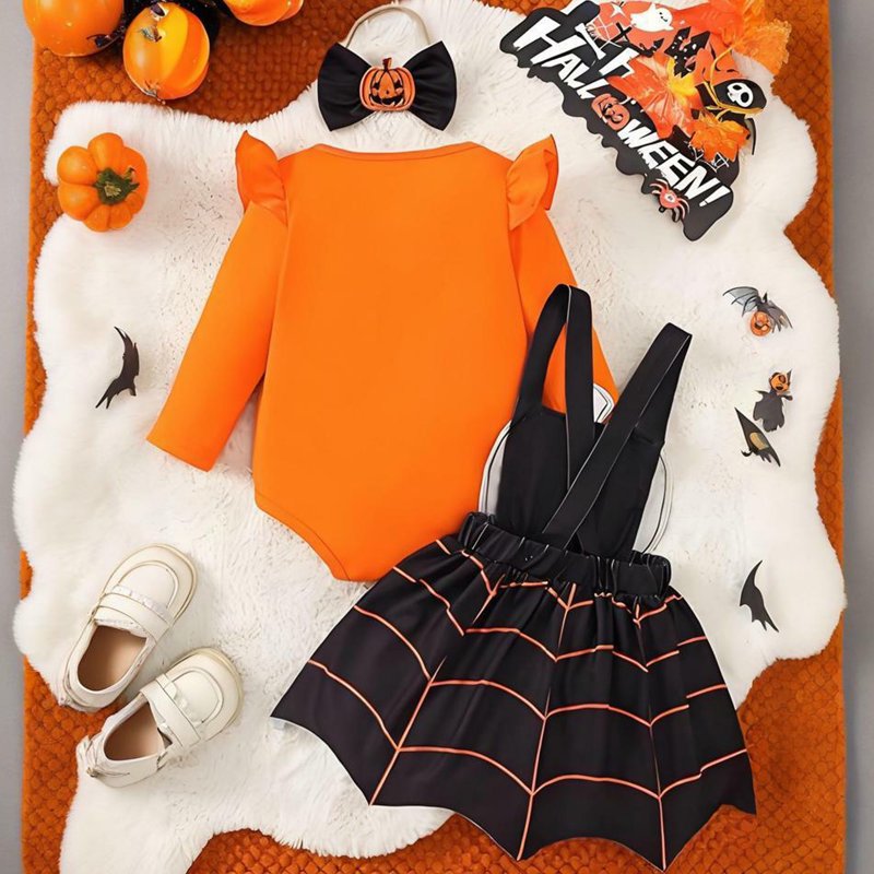 Baby Girls Halloween Dress Suit 0-3 Months Long Sleeve Suspender Romper with Headband
