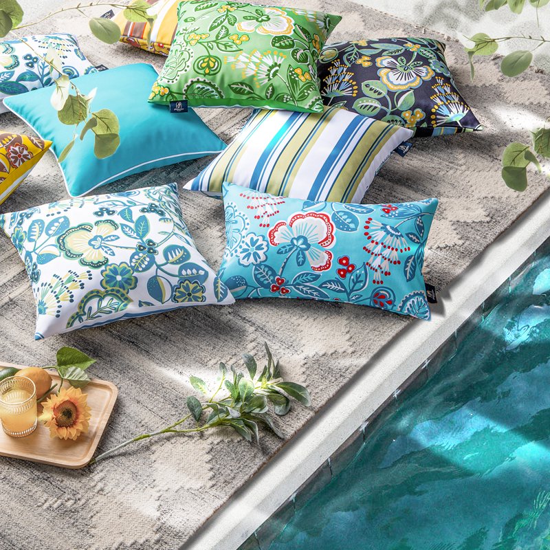 Outdoor Waterproof Floral Throw Pillow Set - Dark Green 12x20 Inch, Pack of 2