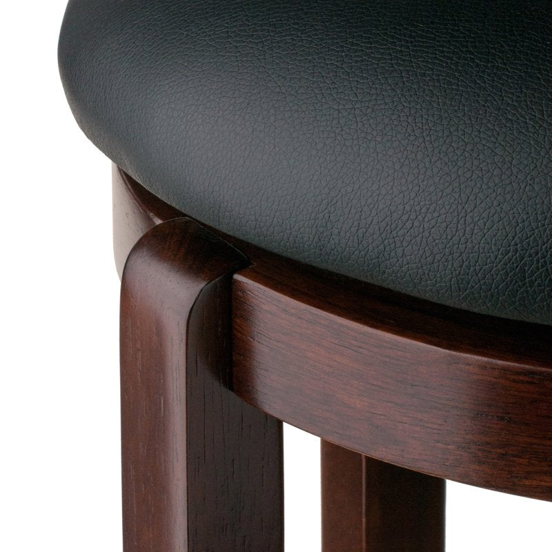 30-Inch Swivel Seat Bar Stool - Black Faux Leather & Walnut Frame