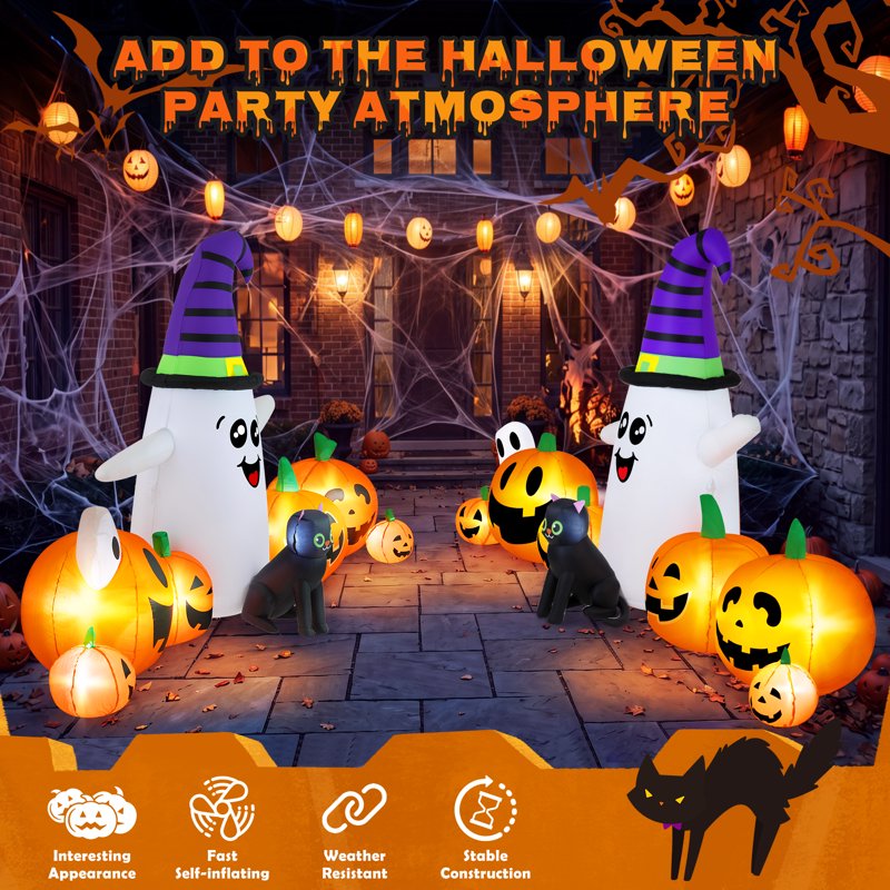 8 FT Halloween Inflatable Ghost with Witch Hat, 6 Pumpkins, Black Cat Yard Decor